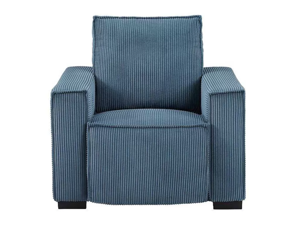 Conjunto Sofá E Poltrona*Vente-unique Sofá De 3 Lugares E Poltrona Em Veludo Canelado Azul - Amelio