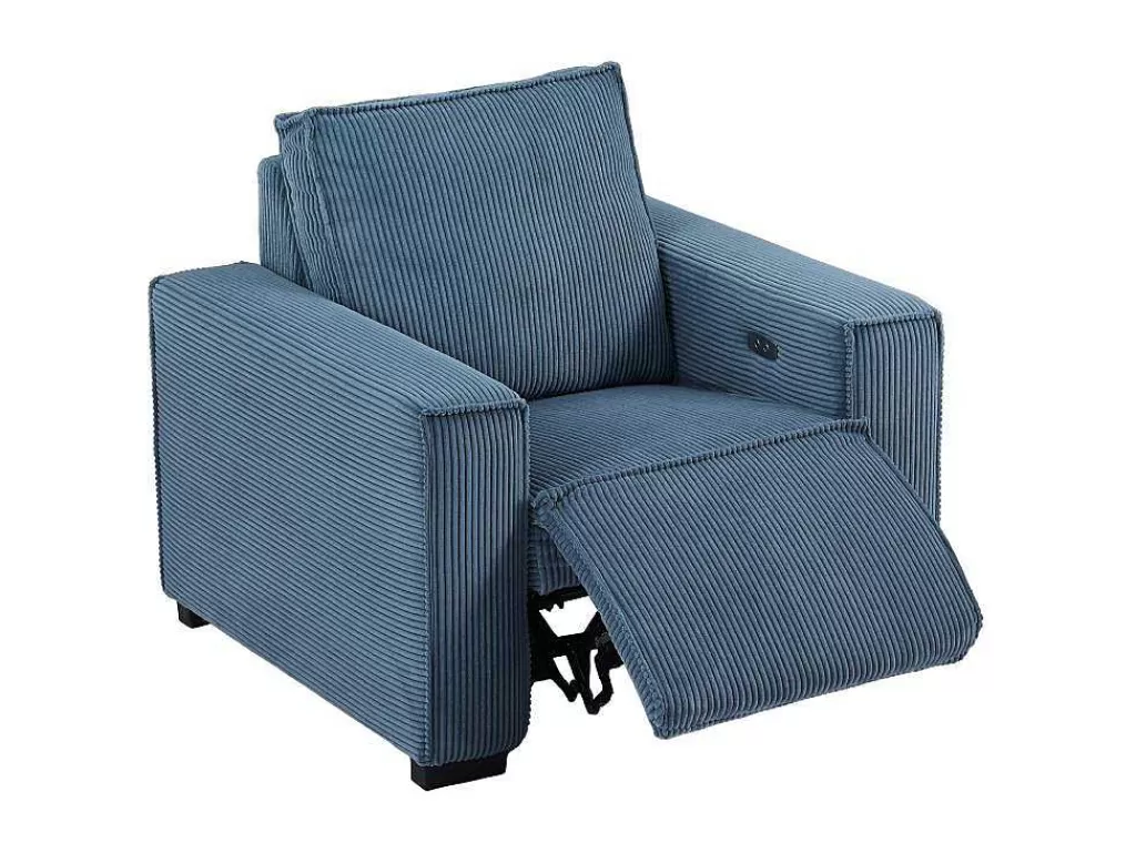 Conjunto Sofá E Poltrona*Vente-unique Sofá De 3 Lugares E Poltrona Em Veludo Canelado Azul - Amelio