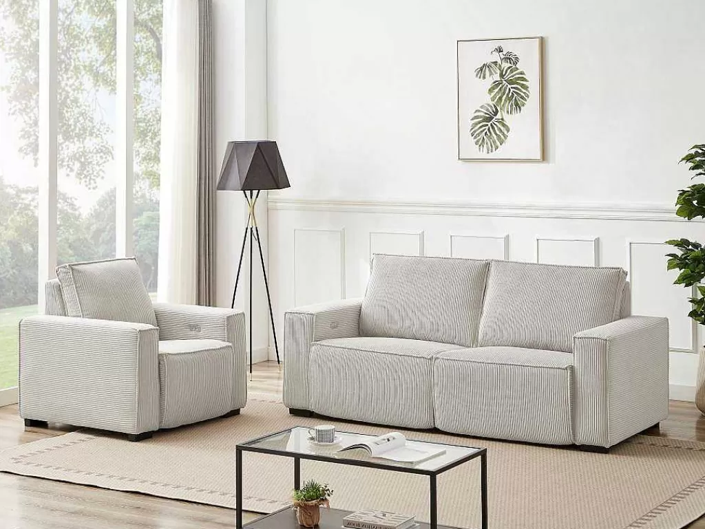 Conjunto Sofá E Poltrona*Vente-unique Sofá De 3 Lugares E Poltrona Em Veludo Canelado Bege - Amelio