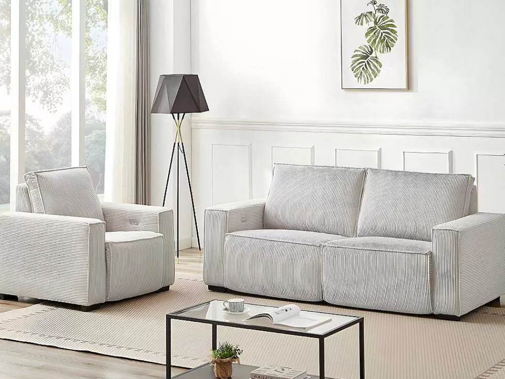 Conjunto Sofá E Poltrona*Vente-unique Sofá De 3 Lugares E Poltrona Em Veludo Canelado Bege - Amelio