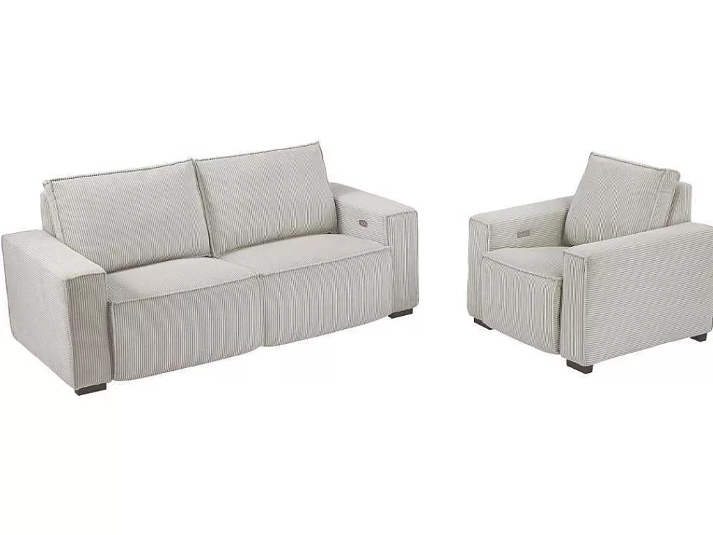 Conjunto Sofá E Poltrona*Vente-unique Sofá De 3 Lugares E Poltrona Em Veludo Canelado Bege - Amelio