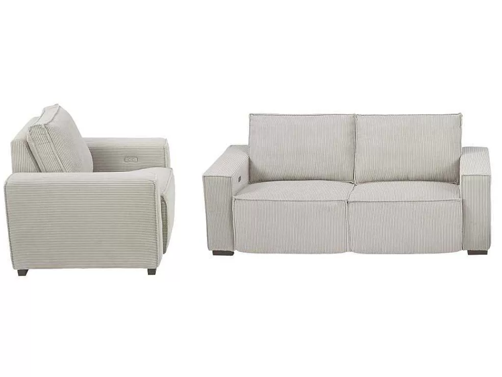 Conjunto Sofá E Poltrona*Vente-unique Sofá De 3 Lugares E Poltrona Em Veludo Canelado Bege - Amelio
