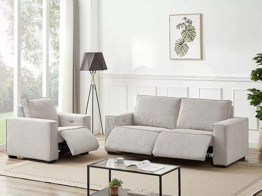 Conjunto Sofá E Poltrona*Vente-unique Sofá De 3 Lugares E Poltrona Em Veludo Canelado Bege - Amelio