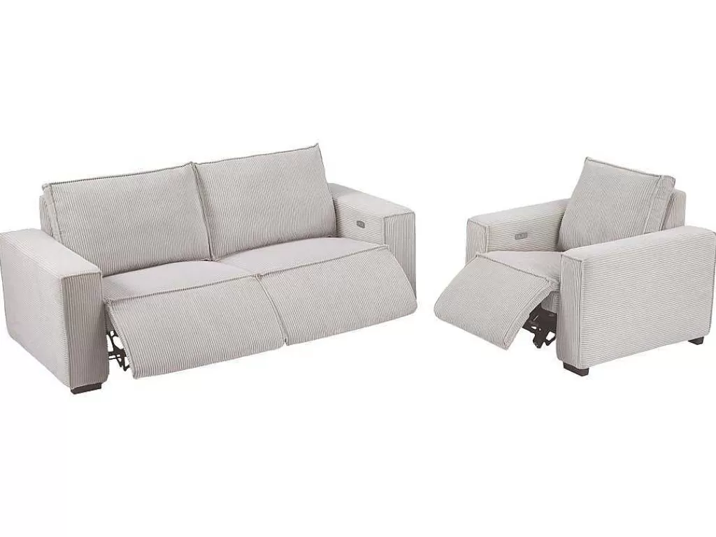 Conjunto Sofá E Poltrona*Vente-unique Sofá De 3 Lugares E Poltrona Em Veludo Canelado Bege - Amelio