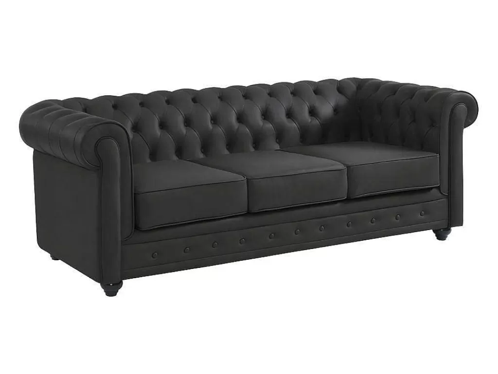 Sofá Em Pele*Vente-unique Sofá De 3 Lugares Em Pele De Bufalo - Preto - Chesterfield