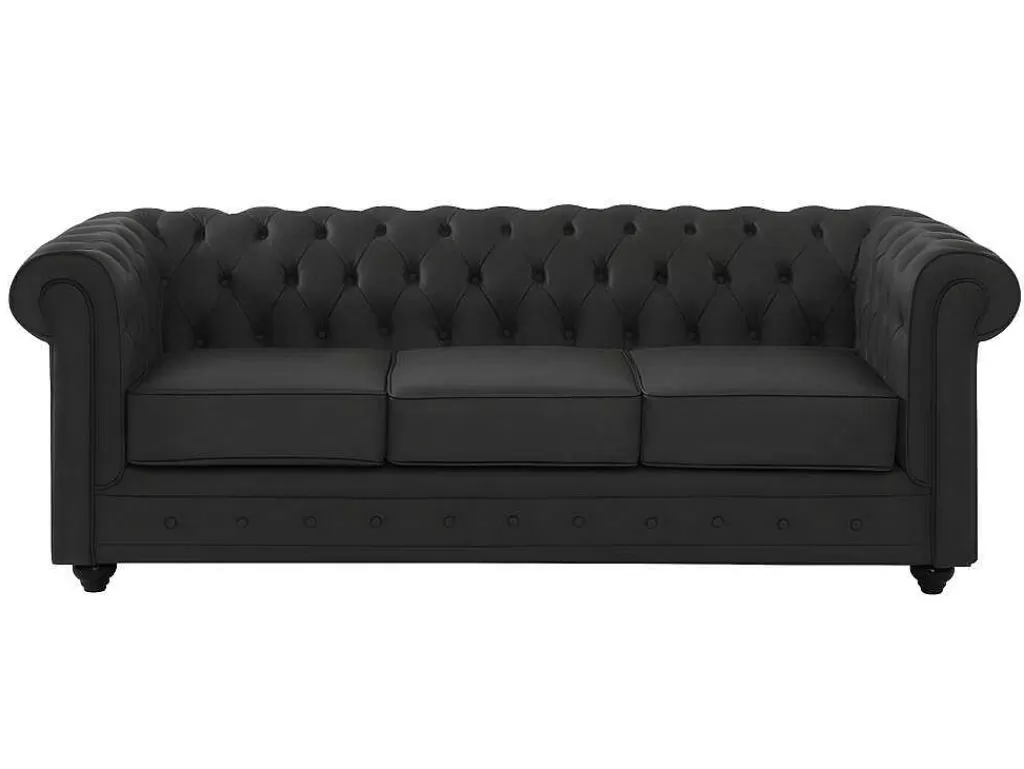 Sofá Em Pele*Vente-unique Sofá De 3 Lugares Em Pele De Bufalo - Preto - Chesterfield