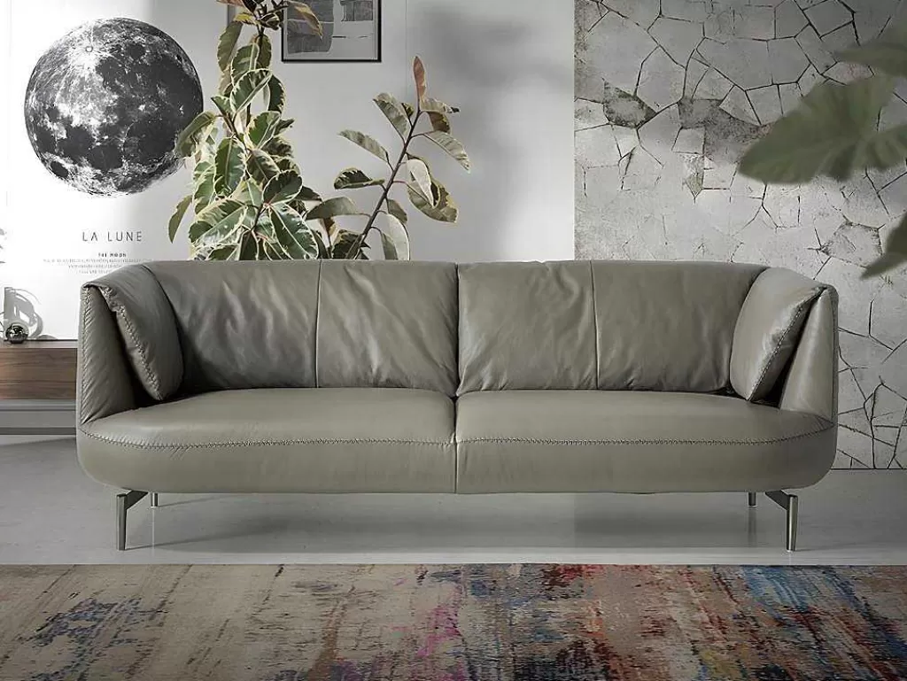 Promoções Sofás & Poltronas*Angel Cerda Sofá De 3 Lugares Estofado Em Couro De Vaca Com Pernas Em Aco Macico Polido Na Cor Escura 6037