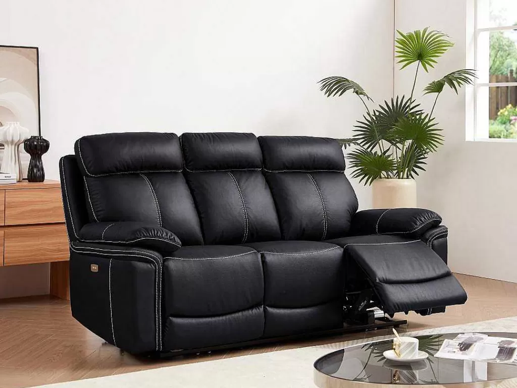 Sofá De Relaxamento Eletrico*Vente-unique Sofá De 3 Lugares Relax Eletrico Em Pele Preto - Isiris