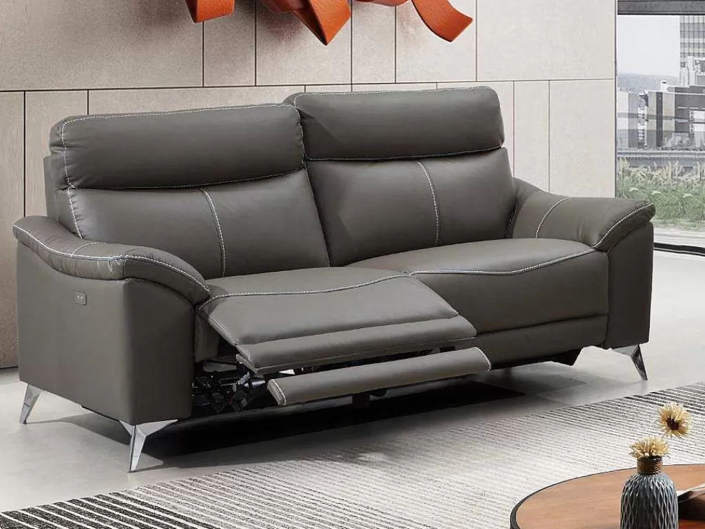 Sofá De Relaxamento Eletrico*Vente-unique Sofá De 3 Lugares Relax Eletrico Em Pele Taupe - Metronomya