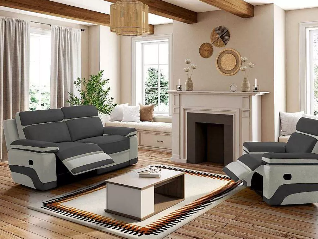 Sofá De Relaxamento Manual*Vente-unique Sofá De 3 Lugares Relax Em Microfibra Antracite E Cinzento-Claro - Talca