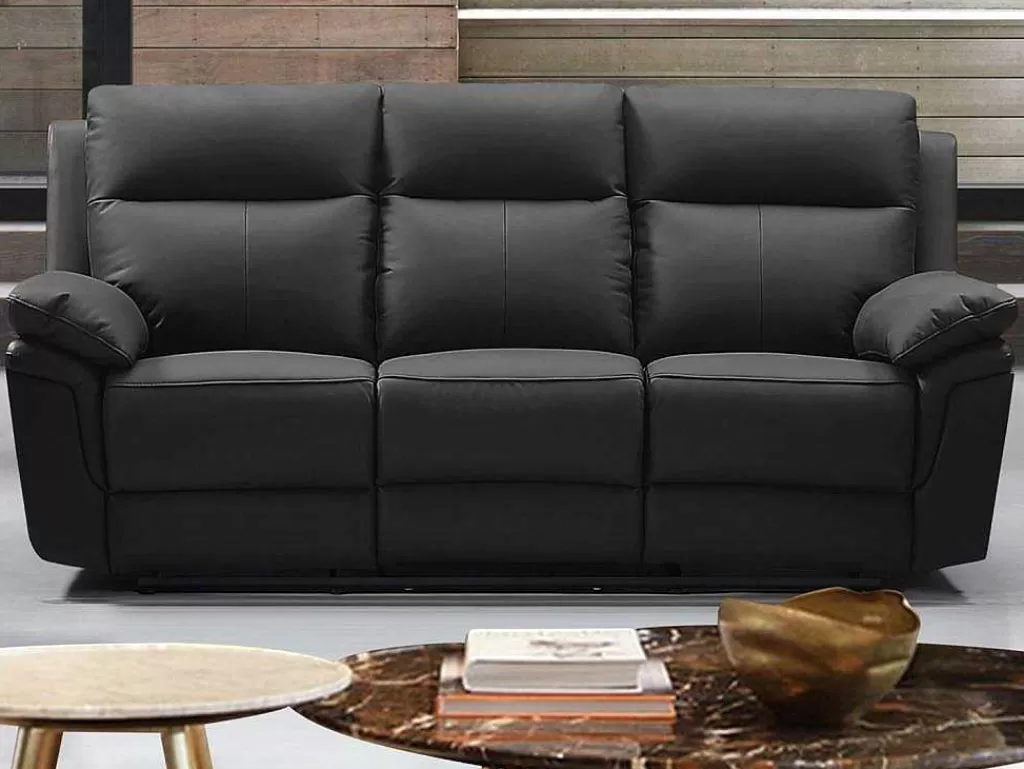 Sofá De Relaxamento Manual*Vente-unique Sofá De 3 Lugares Relax Em Pele De Bufalo Preto - Pakita