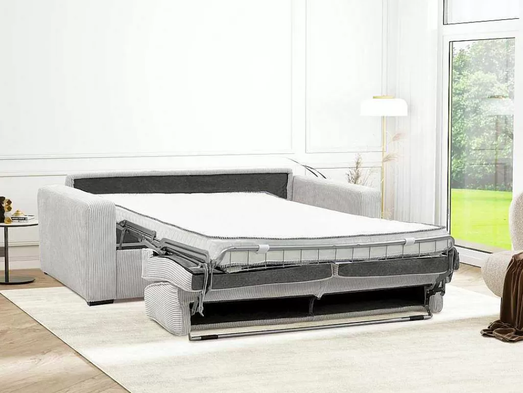 Sofá Cama De Abertura Rapida*Vente-unique Sofá De 4 Lugares Convertivel Abertura Rapida Veludo Cabelado Bege, Cama De Ripas Largas 160 Cm, Colchão De 14 Cm - Mondovi