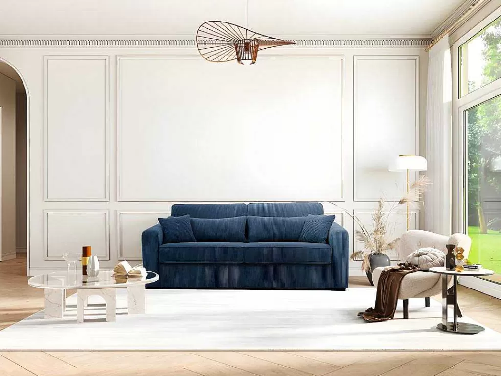 Sofá Cama De Abertura Rapida*Vente-unique Sofá De 4 Lugares Convertivel Abertura Rapida Veludo Canelado Azul, Cama De 160 Cm, Colchão De 18 Cm - Mondovi