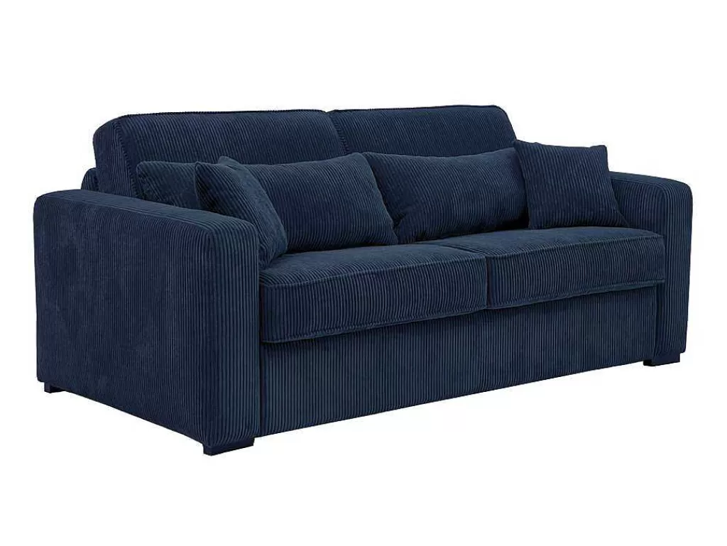 Sofá Cama De Abertura Rapida*Vente-unique Sofá De 4 Lugares Convertivel Abertura Rapida Veludo Canelado Azul, Cama De 160 Cm, Colchão De 18 Cm - Mondovi