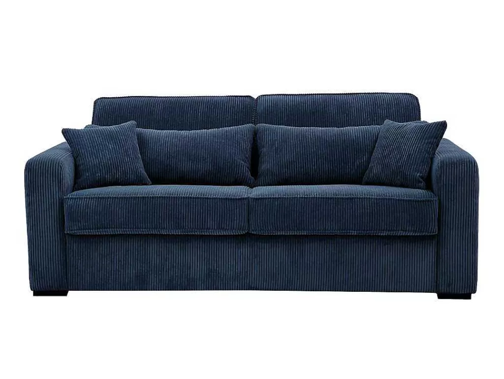 Sofá Cama De Abertura Rapida*Vente-unique Sofá De 4 Lugares Convertivel Abertura Rapida Veludo Canelado Azul, Cama De 160 Cm, Colchão De 18 Cm - Mondovi