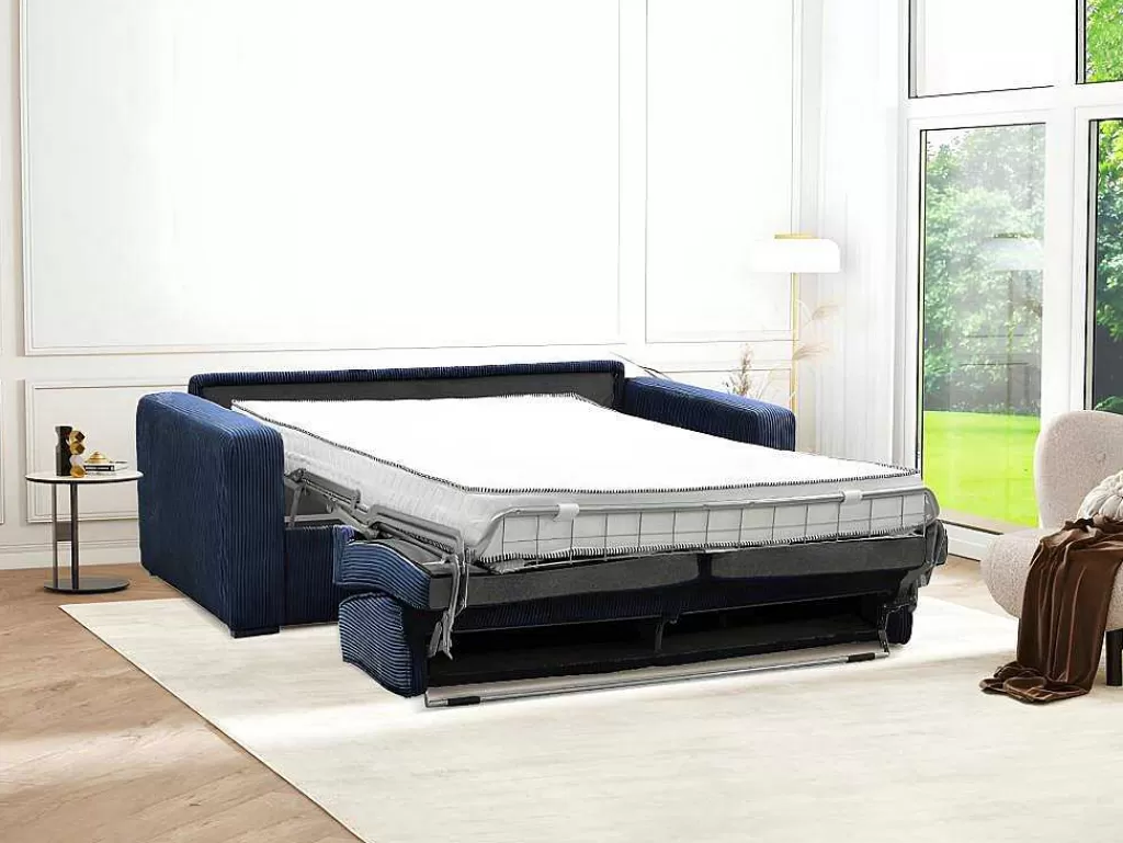 Sofá Cama De Abertura Rapida*Vente-unique Sofá De 4 Lugares Convertivel Abertura Rapida Veludo Canelado Azul, Cama De 160 Cm, Colchão De 18 Cm - Mondovi