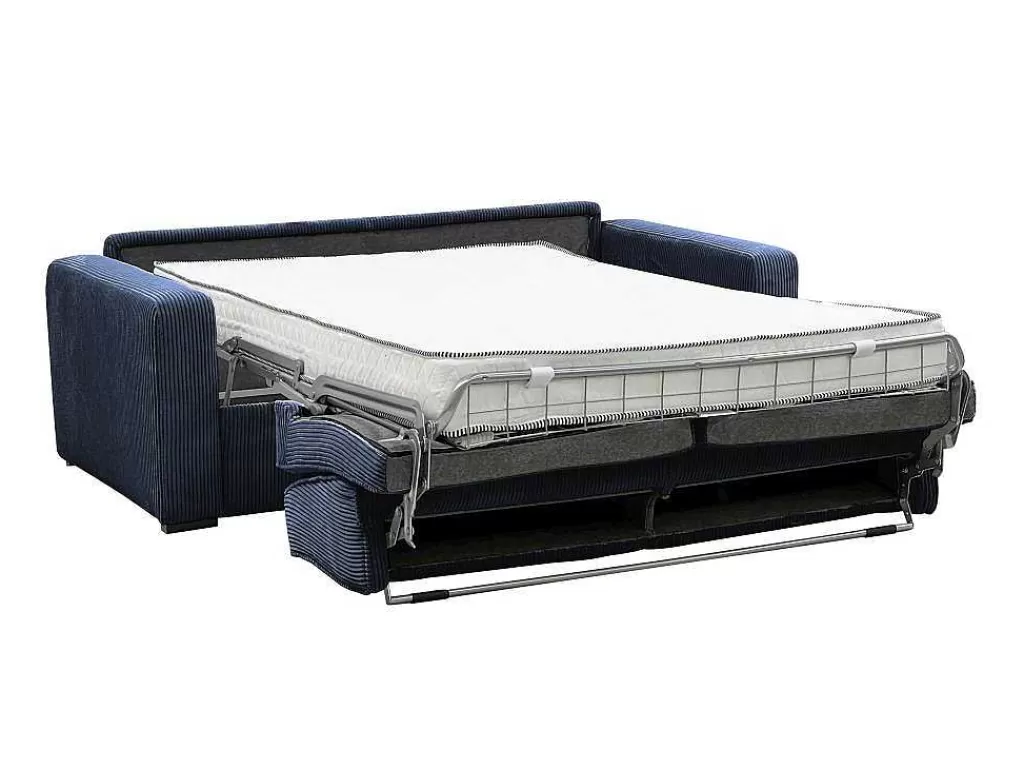 Sofá Cama De Abertura Rapida*Vente-unique Sofá De 4 Lugares Convertivel Abertura Rapida Veludo Canelado Azul, Cama De 160 Cm, Colchão De 18 Cm - Mondovi