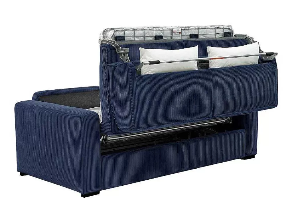 Sofá Cama De Abertura Rapida*Vente-unique Sofá De 4 Lugares Convertivel Abertura Rapida Veludo Canelado Azul, Cama De 160 Cm, Colchão De 18 Cm - Mondovi