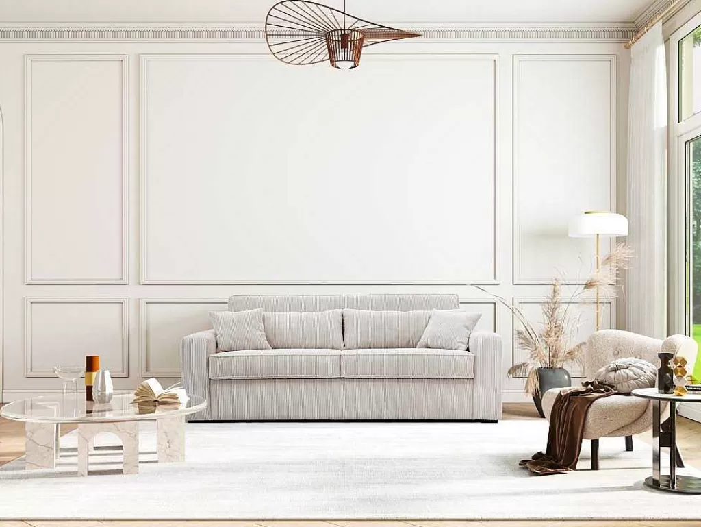 Sofá Cama De Abertura Rapida*Vente-unique Sofá De 4 Lugares Convertivel Abertura Rapida Veludo Canelado Bege, Cama De Ripas Largas 160 Cm, Colchão De 18 Cm - Mondovi