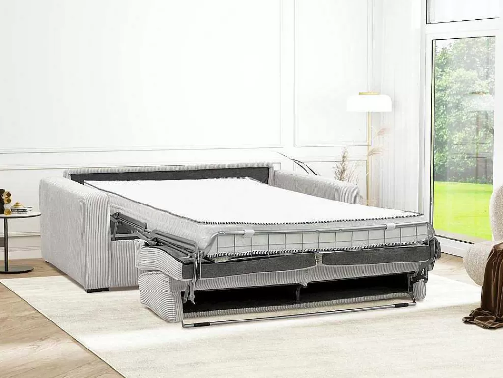 Sofá Cama De Abertura Rapida*Vente-unique Sofá De 4 Lugares Convertivel Abertura Rapida Veludo Canelado Bege, Cama De Ripas Largas 160 Cm, Colchão De 18 Cm - Mondovi