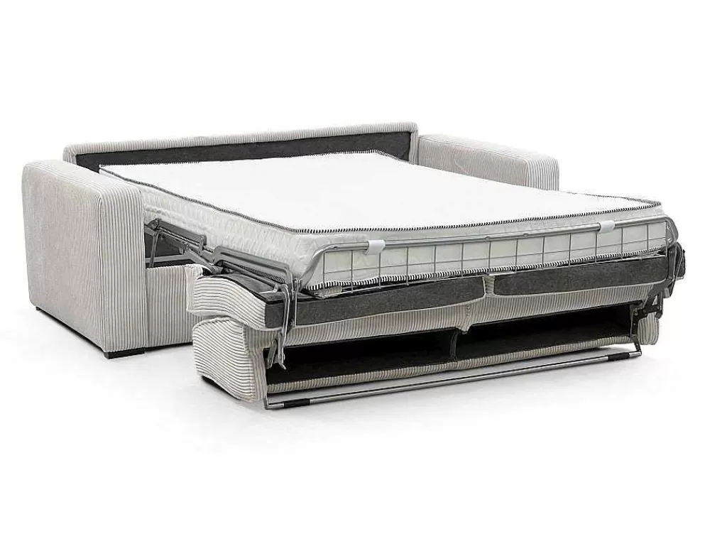 Sofá Cama De Abertura Rapida*Vente-unique Sofá De 4 Lugares Convertivel Abertura Rapida Veludo Canelado Bege, Cama De Ripas Largas 160 Cm, Colchão De 18 Cm - Mondovi