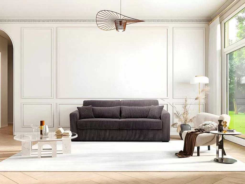 Sofá Cama De Abertura Rapida*Vente-unique Sofá De 4 Lugares Convertivel Abertura Rapida Veludo Canelado Castanho, Cama De 160 Cm, Colchão De 18 Cm - Mondovi