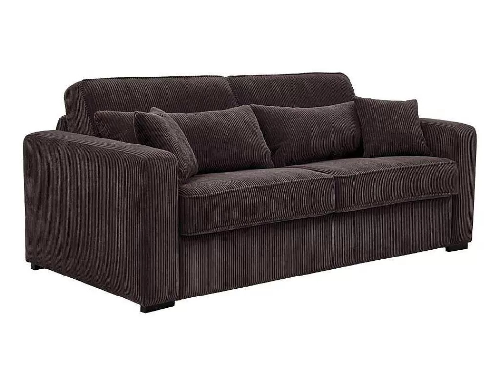 Sofá Cama De Abertura Rapida*Vente-unique Sofá De 4 Lugares Convertivel Abertura Rapida Veludo Canelado Castanho, Cama De 160 Cm, Colchão De 18 Cm - Mondovi