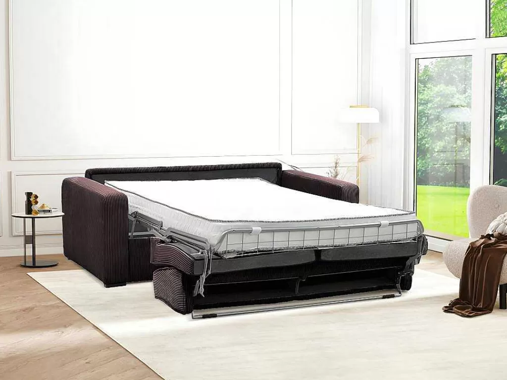 Sofá Cama De Abertura Rapida*Vente-unique Sofá De 4 Lugares Convertivel Abertura Rapida Veludo Canelado Castanho, Cama De 160 Cm, Colchão De 18 Cm - Mondovi