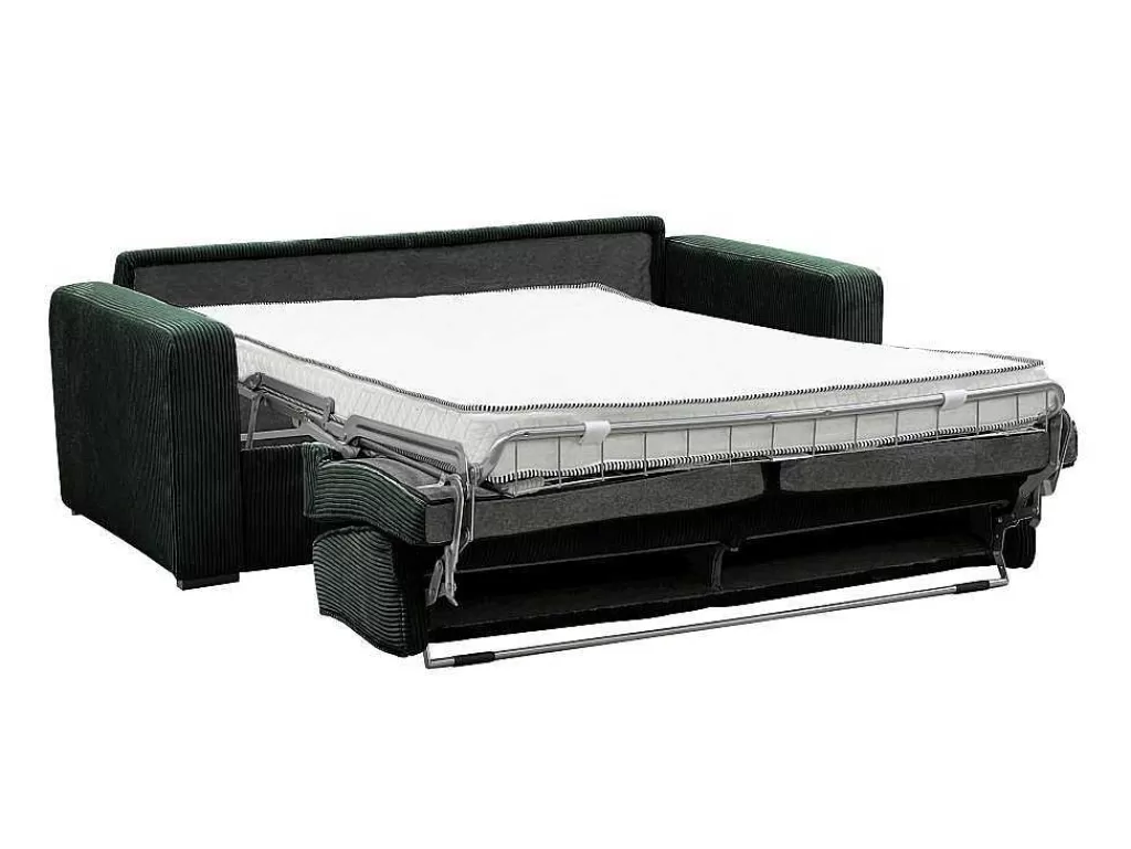 Sofá Cama De Abertura Rapida*Vente-unique Sofá De 4 Lugares Convertivel Abertura Rapida Veludo Canelado Verde, Cama De 160 Cm, Colchão De 18 Cm - Mondovi