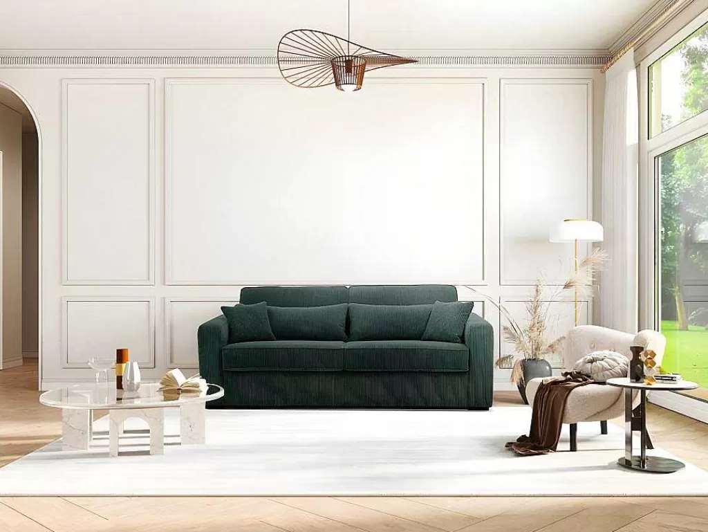 Sofá Cama De Abertura Rapida*Vente-unique Sofá De 4 Lugares Convertivel Abertura Rapida Veludo Canelado Verde, Cama De Ripas Largas, Colchão De 18 Cm - Mondovi