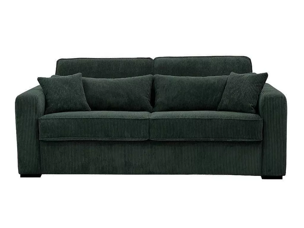 Sofá Cama De Abertura Rapida*Vente-unique Sofá De 4 Lugares Convertivel Abertura Rapida Veludo Canelado Verde, Cama De Ripas Largas, Colchão De 18 Cm - Mondovi