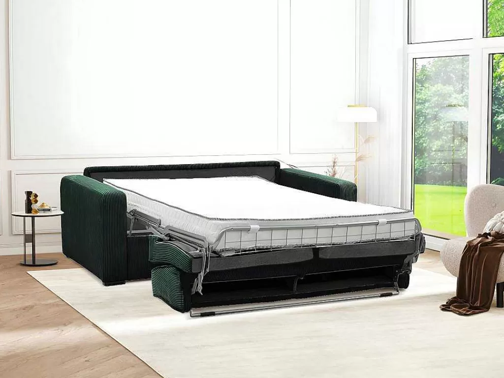 Sofá Cama De Abertura Rapida*Vente-unique Sofá De 4 Lugares Convertivel Abertura Rapida Veludo Canelado Verde, Cama De Ripas Largas, Colchão De 18 Cm - Mondovi