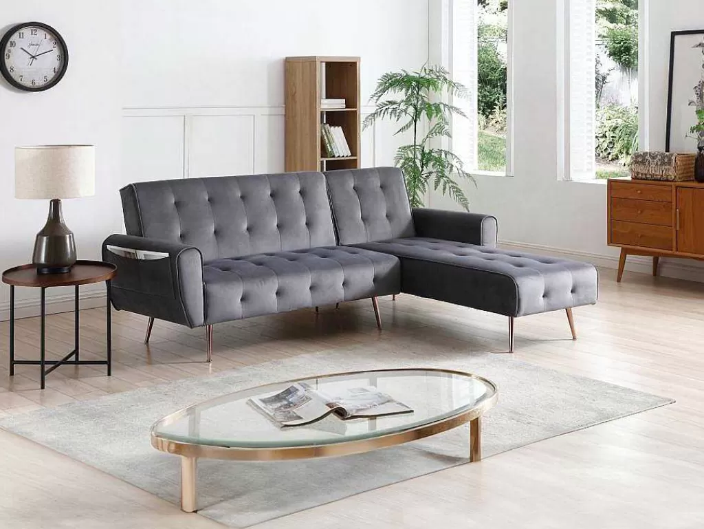 Sofá Cama Clic-Clac E Dobravel*Vente-unique Sofá De Canto Convertivel E Reversivel Em Veludo Antracite - Polani