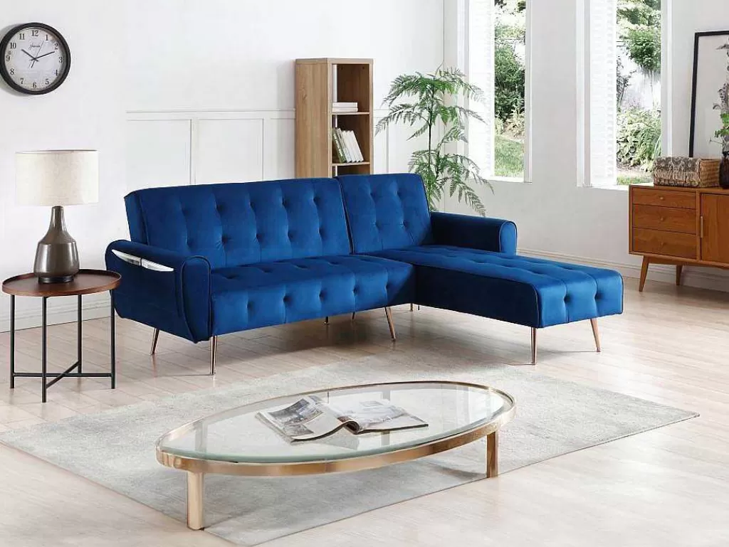 Sofá De Canto*Vente-unique Sofá De Canto Convertivel E Reversivel Em Veludo Azul-Escuro - Polani