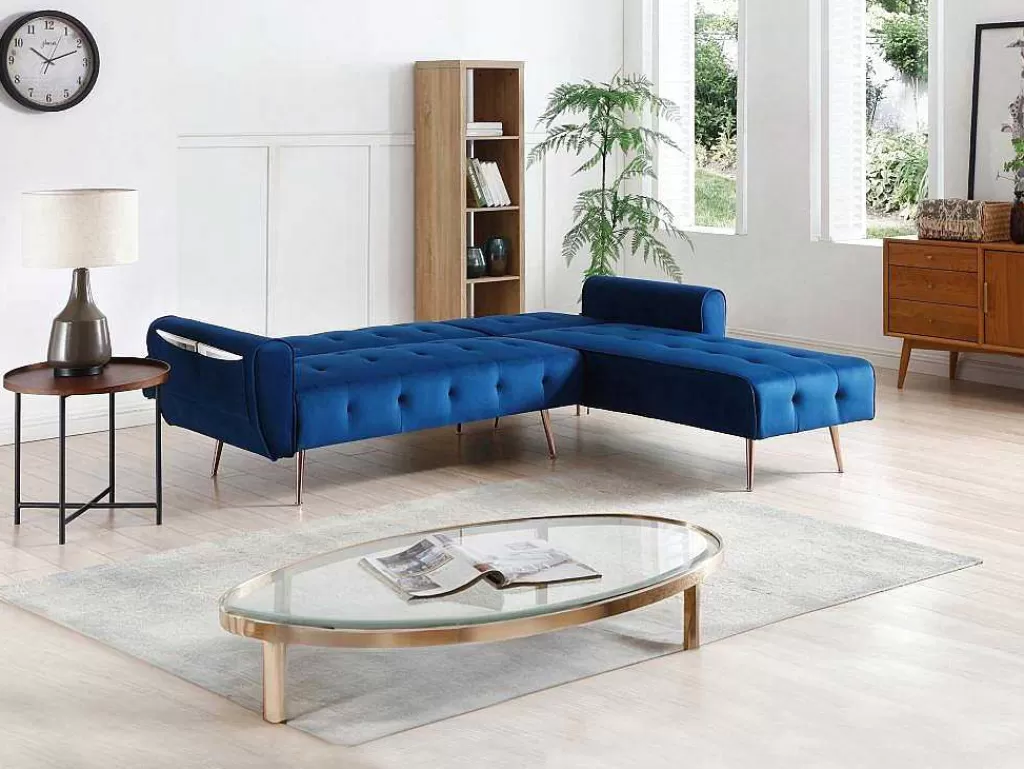 Sofá De Canto*Vente-unique Sofá De Canto Convertivel E Reversivel Em Veludo Azul-Escuro - Polani