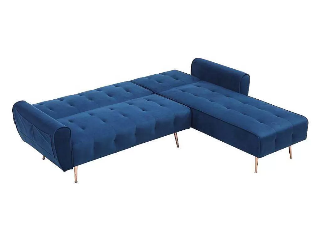 Sofá De Canto*Vente-unique Sofá De Canto Convertivel E Reversivel Em Veludo Azul-Escuro - Polani