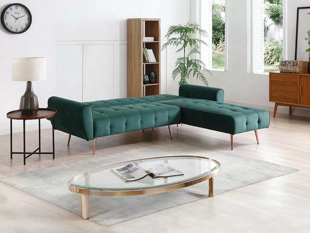 Sofá Cama Clic-Clac E Dobravel*Vente-unique Sofá De Canto Convertivel E Reversivel Em Veludo Verde Pinho - Polani