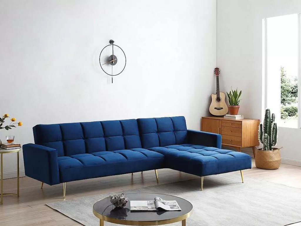 Sofá Cama Clic-Clac E Dobravel*Vente-unique Sofá De Canto Convertivel Reversivel Clic-Clac Em Veludo Azul-Real - Nieto