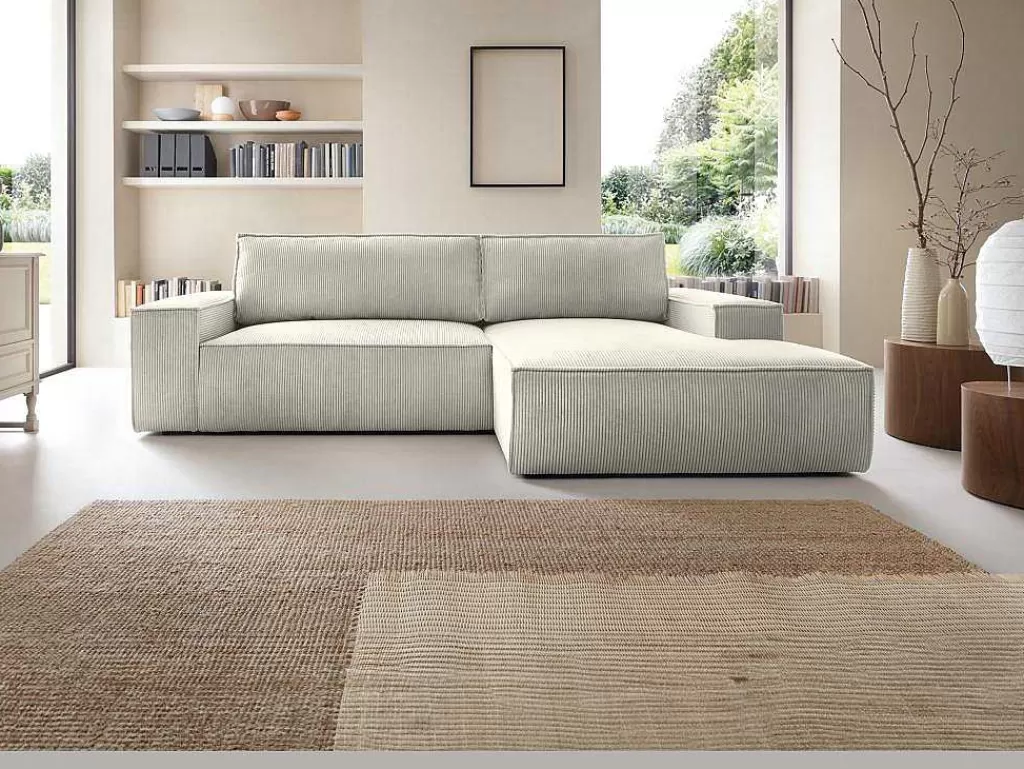 Promoções Sofás & Poltronas*Vente-unique Sofá De Canto Direito Convertivel Em Veludo Canelado Cor Bege - Amelia De Pascal Morabito