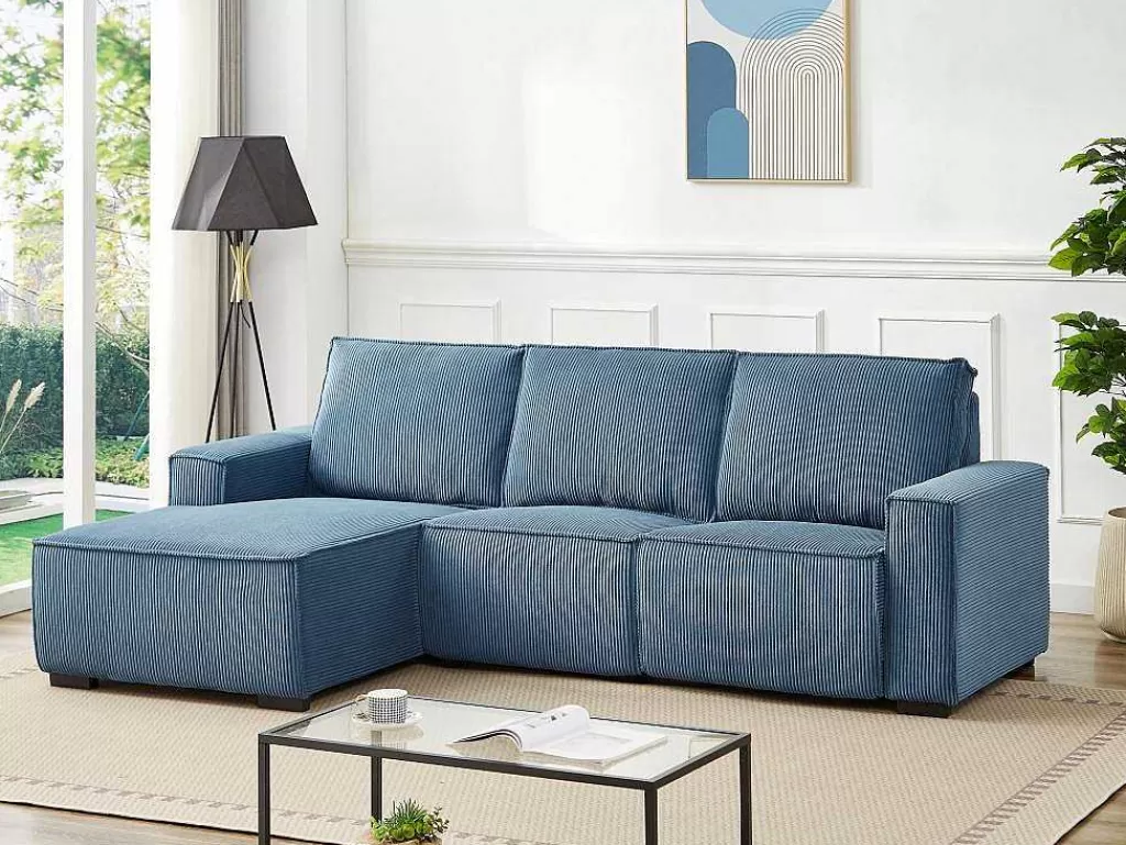 Sofá De Relaxamento Eletrico*Vente-unique Sofá De Canto Esquerdo Articulado Eletrico Em Tecido Canelado Azul - Amelio