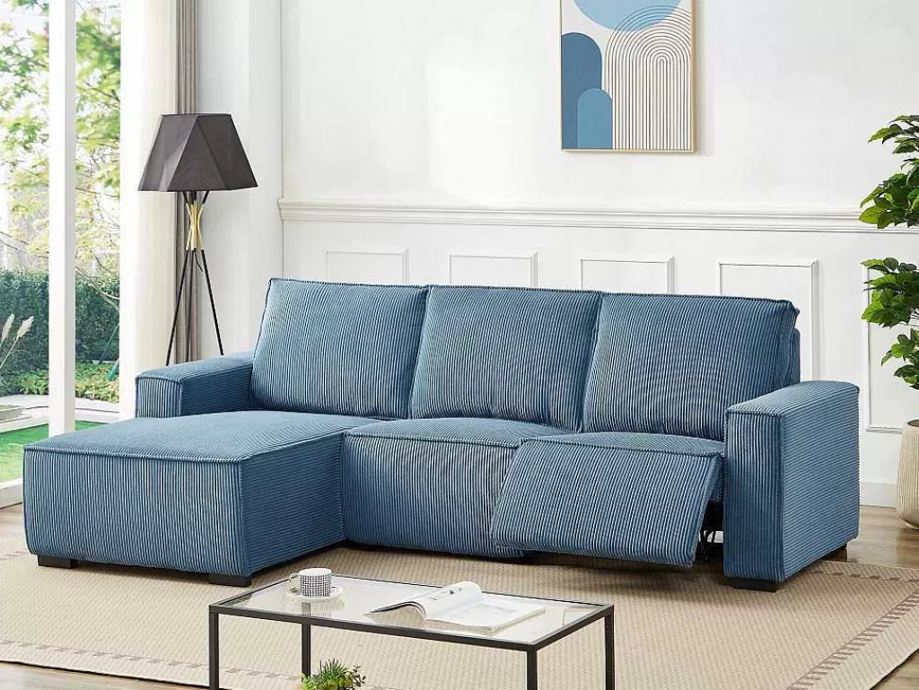 Sofá De Relaxamento Eletrico*Vente-unique Sofá De Canto Esquerdo Articulado Eletrico Em Tecido Canelado Azul - Amelio