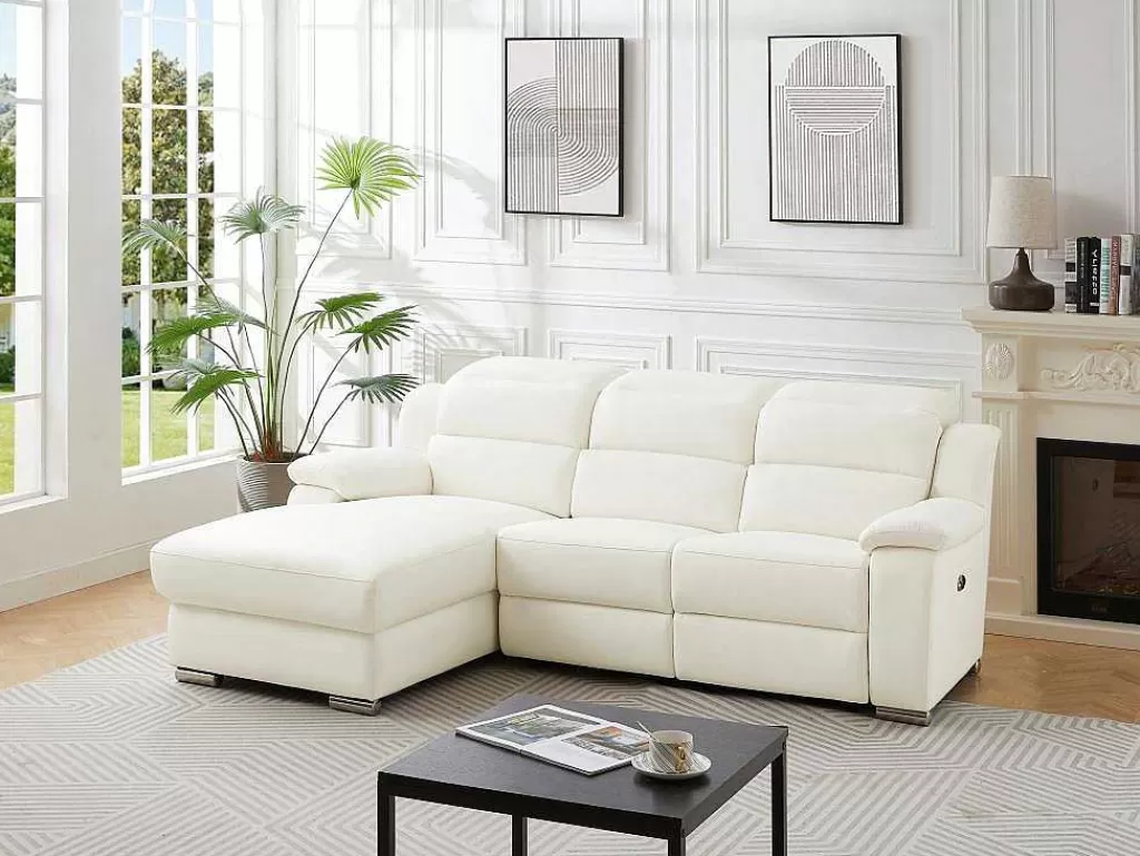 Sofá De Relaxamento Eletrico*Vente-unique Sofá De Canto Esquerdo Articulado Eletrico Pele Branco - Arena Iii