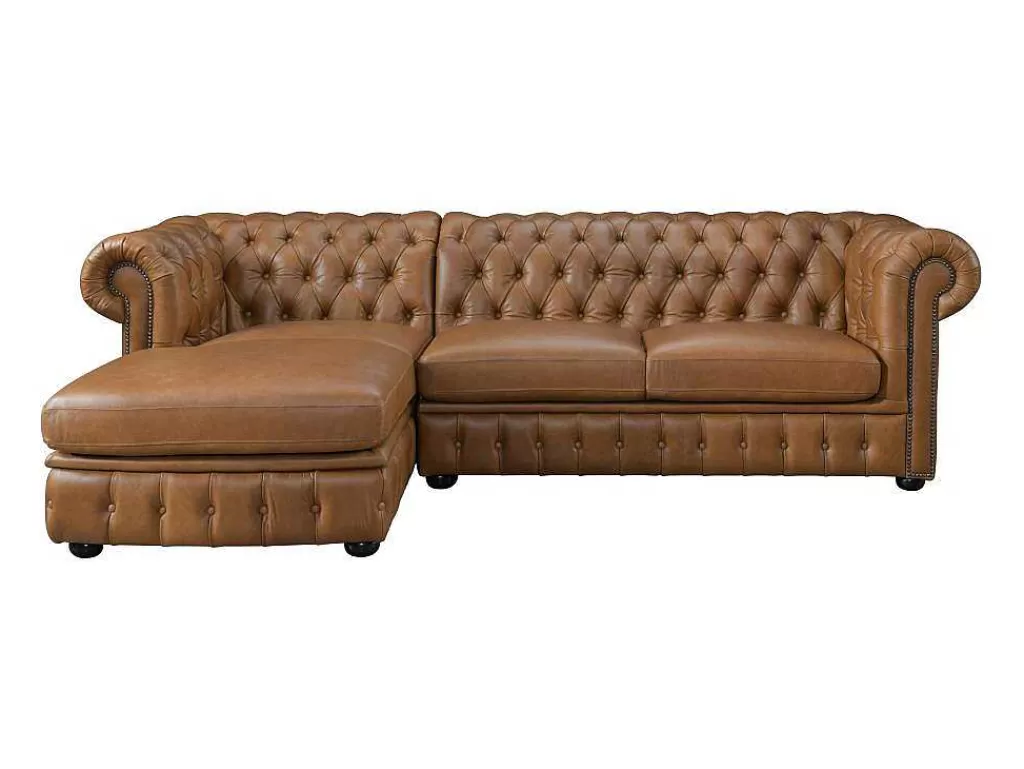 Sofá Em Pele*LINEA Sofá Sofá De Canto Esquerdo Chesterfield Brenton 100% Pele De Bufalo Superior Caramelo Vintage