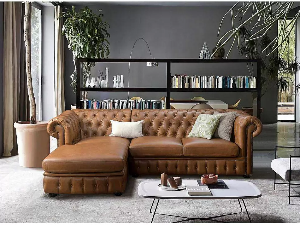 Sofá Em Pele*LINEA Sofá Sofá De Canto Esquerdo Chesterfield Brenton 100% Pele De Bufalo Superior Caramelo Vintage