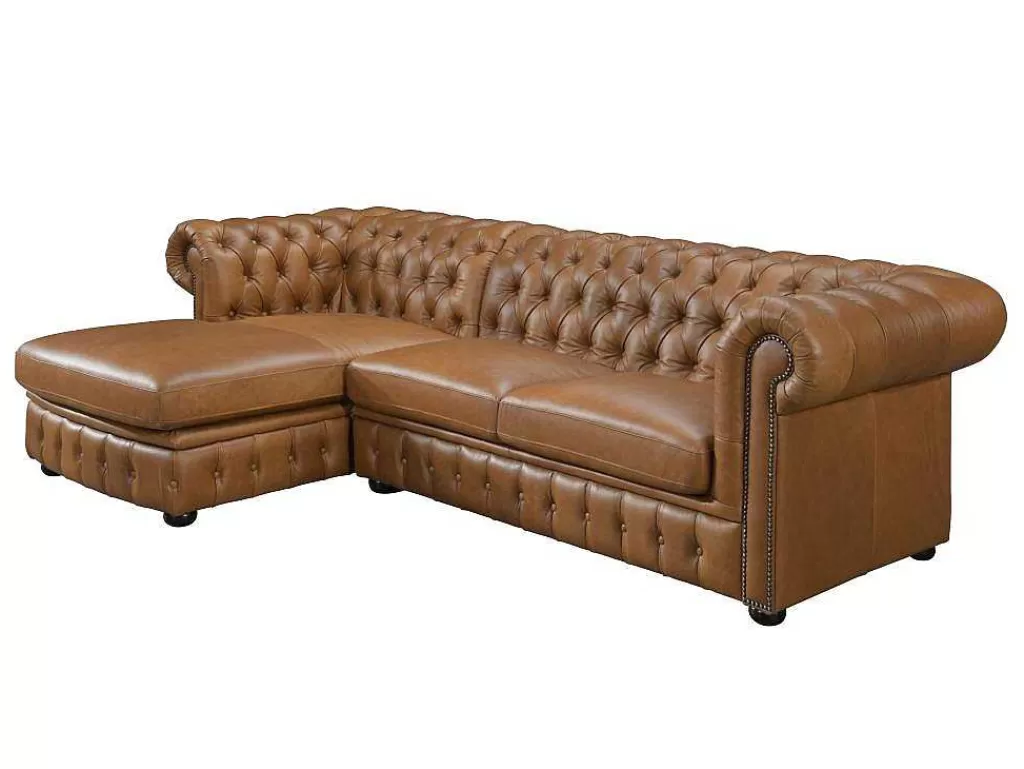 Sofá Em Pele*LINEA Sofá Sofá De Canto Esquerdo Chesterfield Brenton 100% Pele De Bufalo Superior Caramelo Vintage