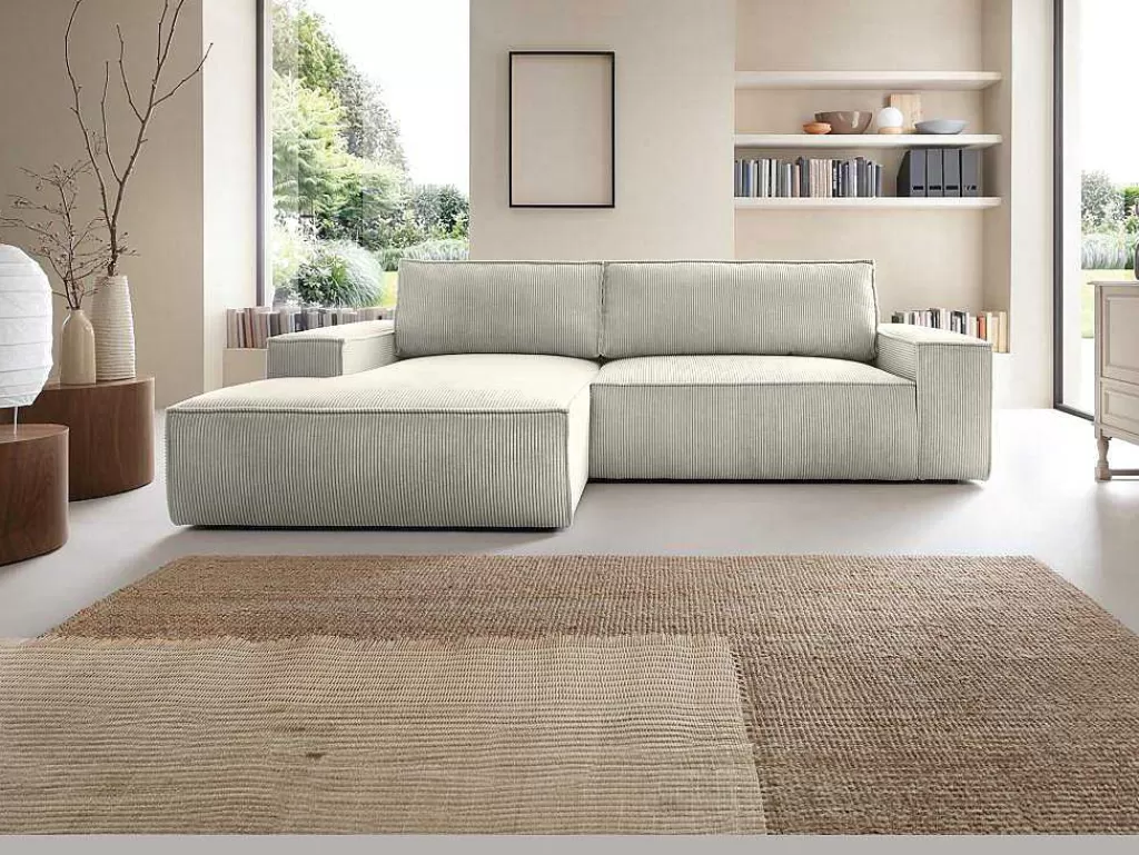 Promoções Sofás & Poltronas*Vente-unique Sofá De Canto Esquerdo Convertivel Em Veludo Canelado Cor Bege - Amelia De Pascal Morabito