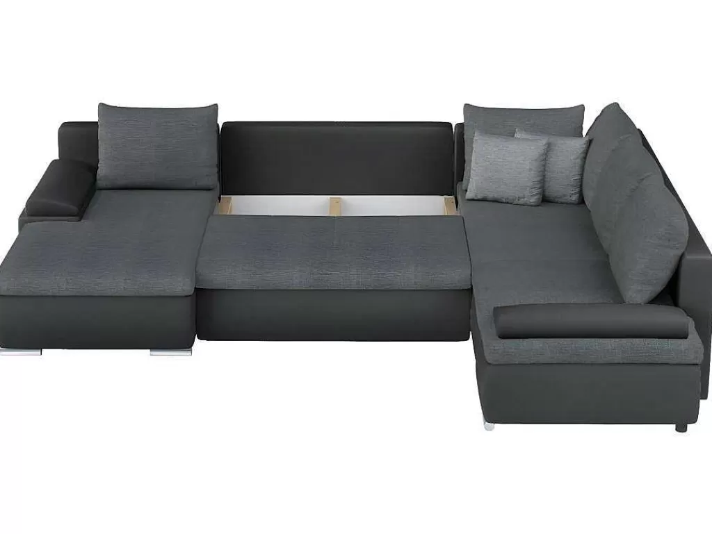 Sofá*Vente-unique Sofá De Canto Panorâmico Convertivel Em Cama E Reversivel Em Pele Sintética E Tecido Bicolor Preto E Cinzento - Dakota