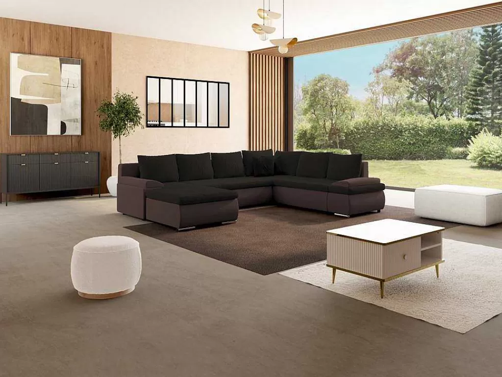 Sofá Panorâmico*Vente-unique Sofá De Canto Panorâmico Convertivel Em Cama E Reversivel Em Pele Sintética E Tecido Castanho - Dakota