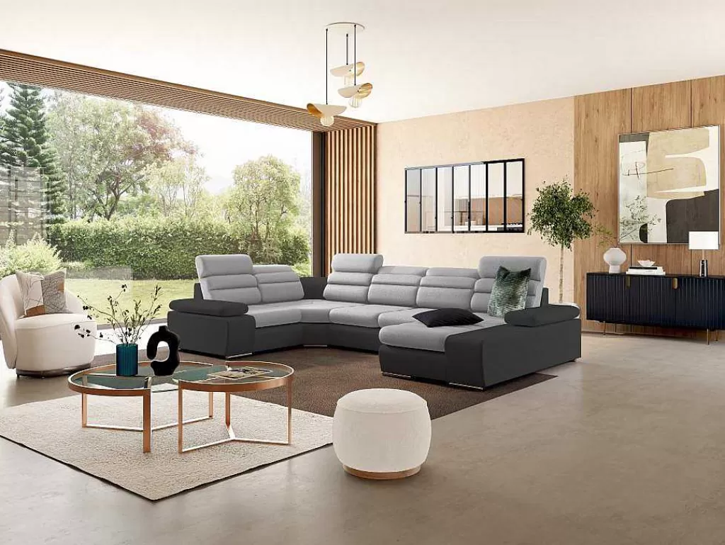 Sofá Panorâmico*Vente-unique Sofá De Canto Panorâmico Modular Em Tecido E Pele Sintética Bicolor Cinzento Claro E Cinzento Escuro - Canto Direito - Boileau