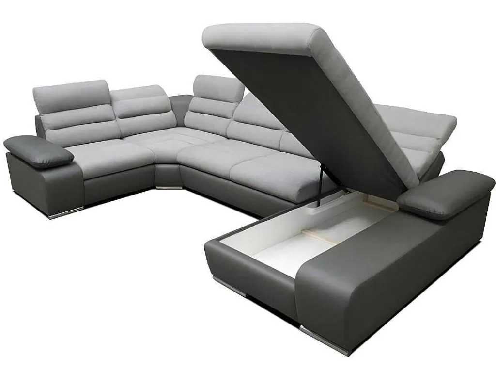 Sofá Panorâmico*Vente-unique Sofá De Canto Panorâmico Modular Em Tecido E Pele Sintética Bicolor Cinzento Claro E Cinzento Escuro - Canto Direito - Boileau